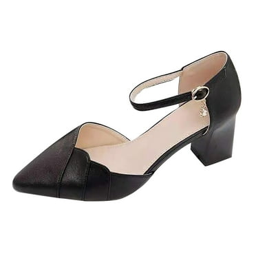 DVKOVI Women Slides Closed Toe Sandals 2024 Soft Leather Pump Sandals Women's Block Heel Buckle High Heels Thick Heel Shallow Mouth Shoes Sandals Black 37