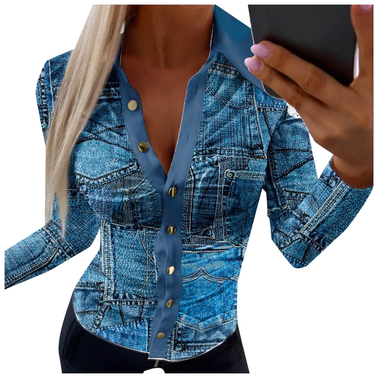 Button Fashion Print Long Sleeve Shirt Sexy Dress Women