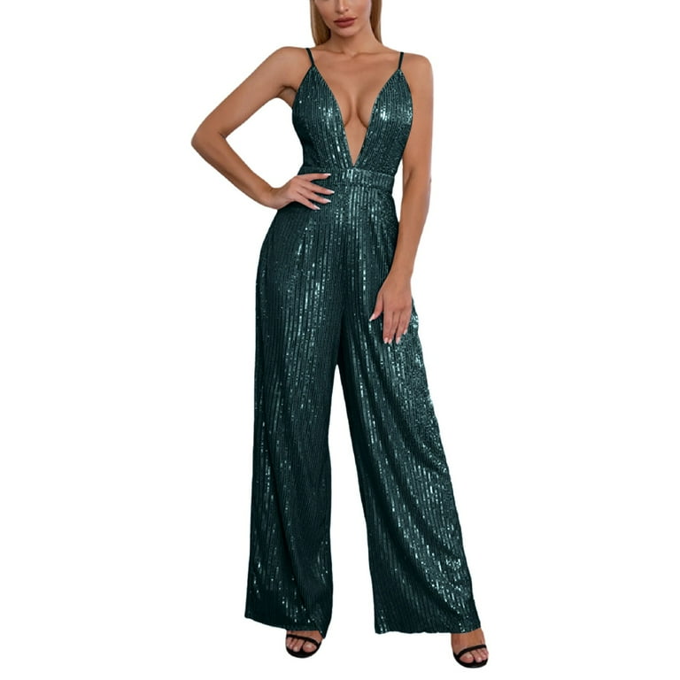 Sexy Solid Sequins Sequined V Neck Regular Jumpsuits Sexy Solid Sequins Sequined V Neck Regular Jumpsuits