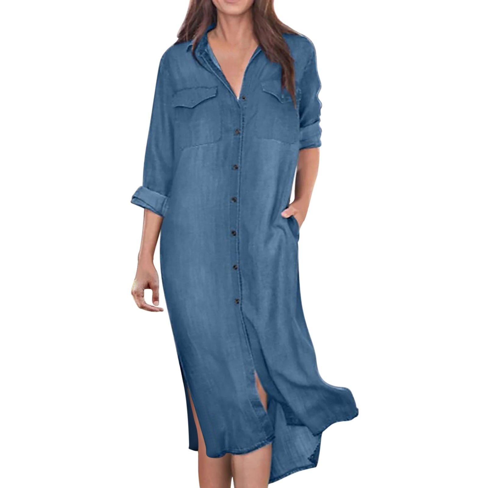 Long Sleeved Side Slit Lapels Denim Dress Long Sleeved Side Slit Lapels Denim Dress