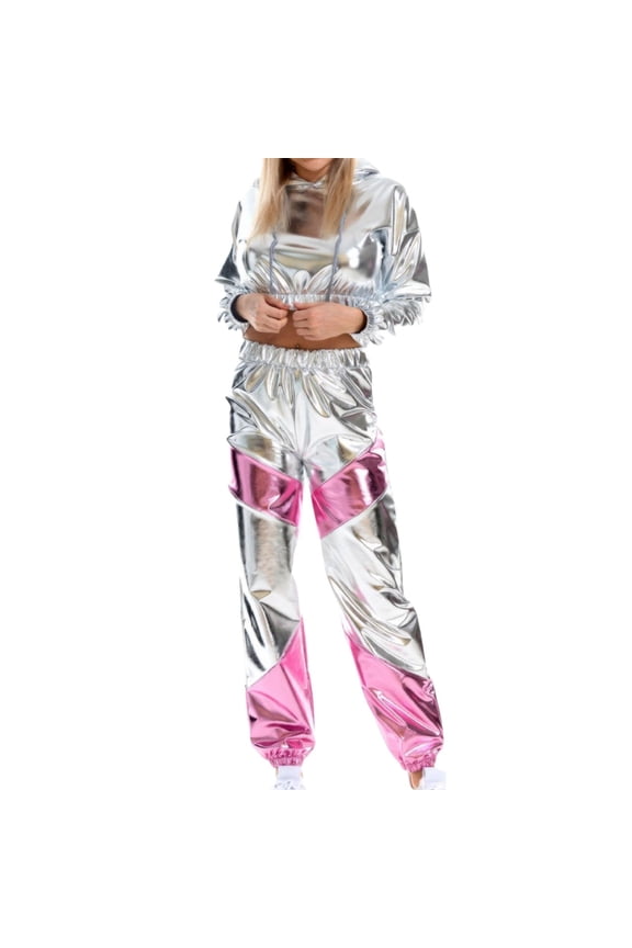 Women's Glossy Shiny Metallic Hooded Long Sleeve Top & Workwear Cargo Pants 2 Piece Tracksuit Set High Waist Elastic Wide Leg Sweatpants Silver S
