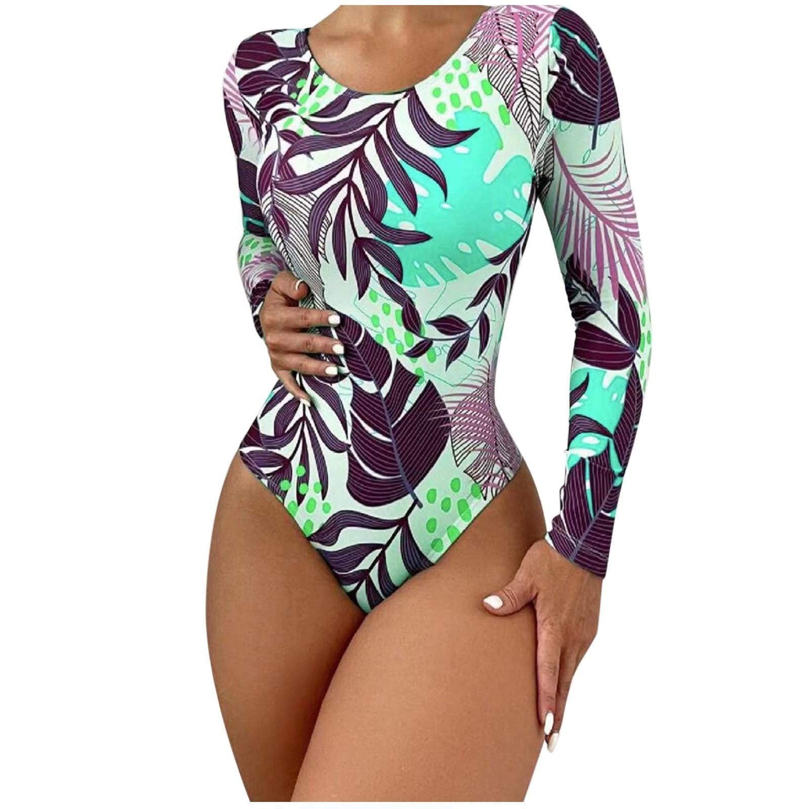 Summervivi-Multicolor High Neckline Zip Long Sleeve One Piece Swimsuit