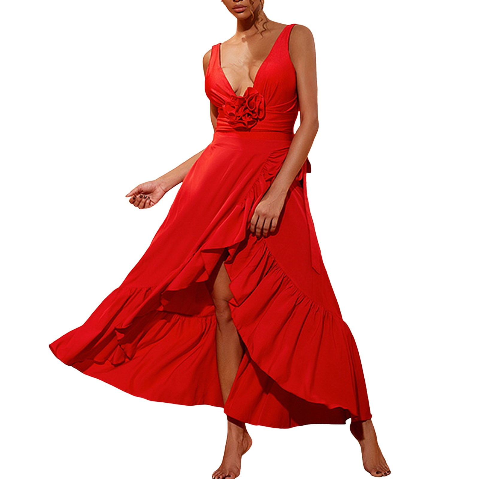 DVKOVI Women's Red Two Piece Swimsuit Retro Large Flower Smocked Deep V