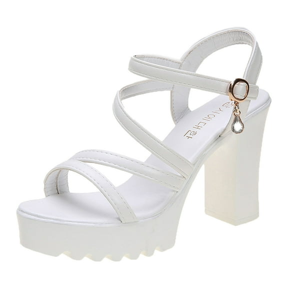 DVKOVI Women's Sandals Comfortable Heels for Women Fashion Simple Solid Color Thick Sole High Heel Square Heel Thick Heel Comfortable Summer Open Toe Buckle Strap Versatile Shoes White 37