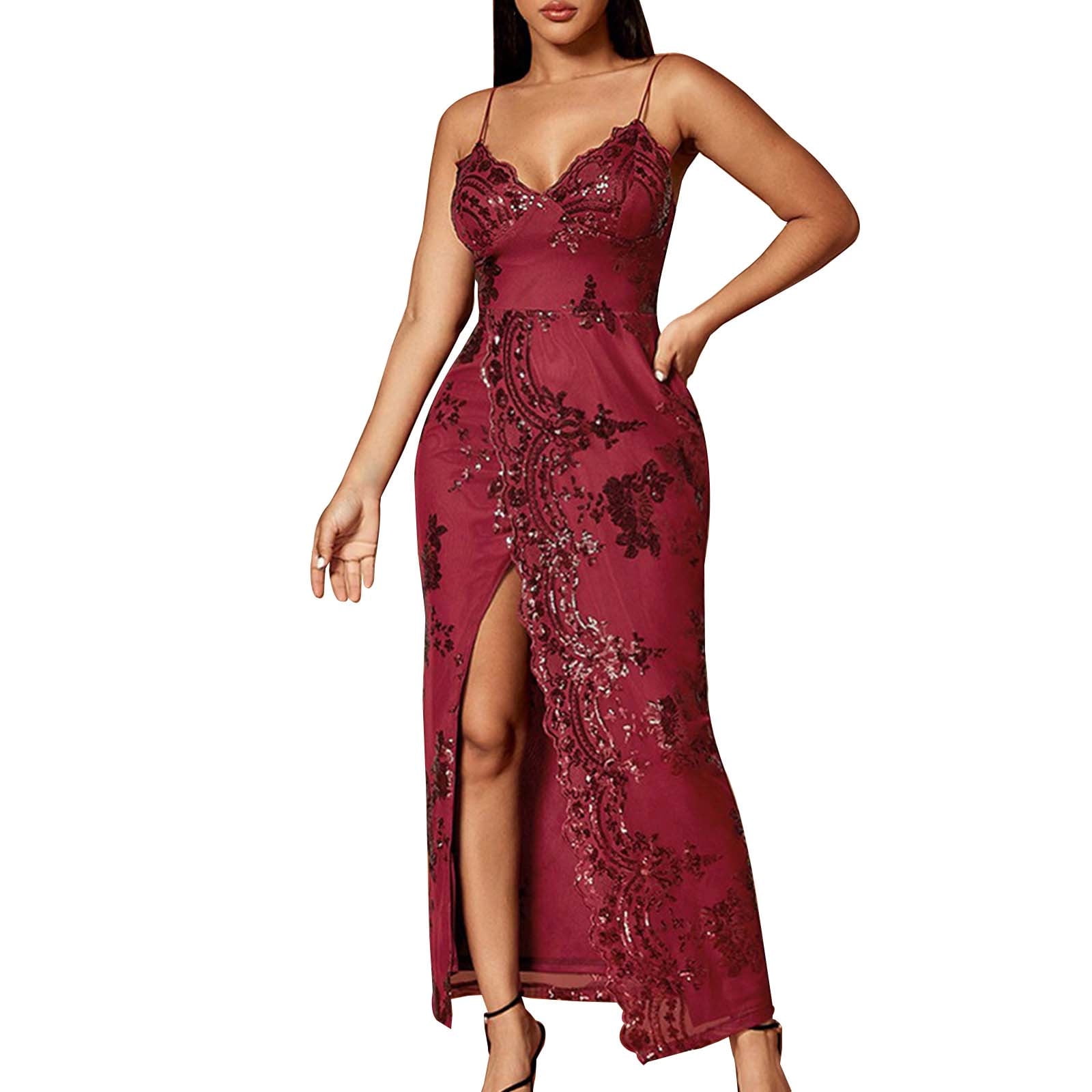 DVKOVI Women's Sequin Slit Dress V Neck Side Slit Hip Wrap Midi Dress ...