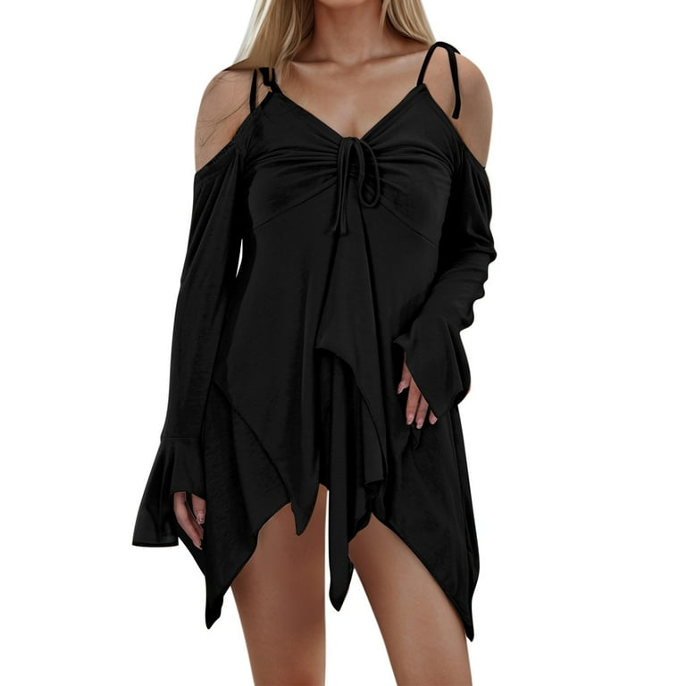 DVKOVI Women s Solid Color Camisole Dress Spliced Irregular Off Shoulder Long Sleeved Handkerchief Dress Sexy Hot Girl Short Skirt