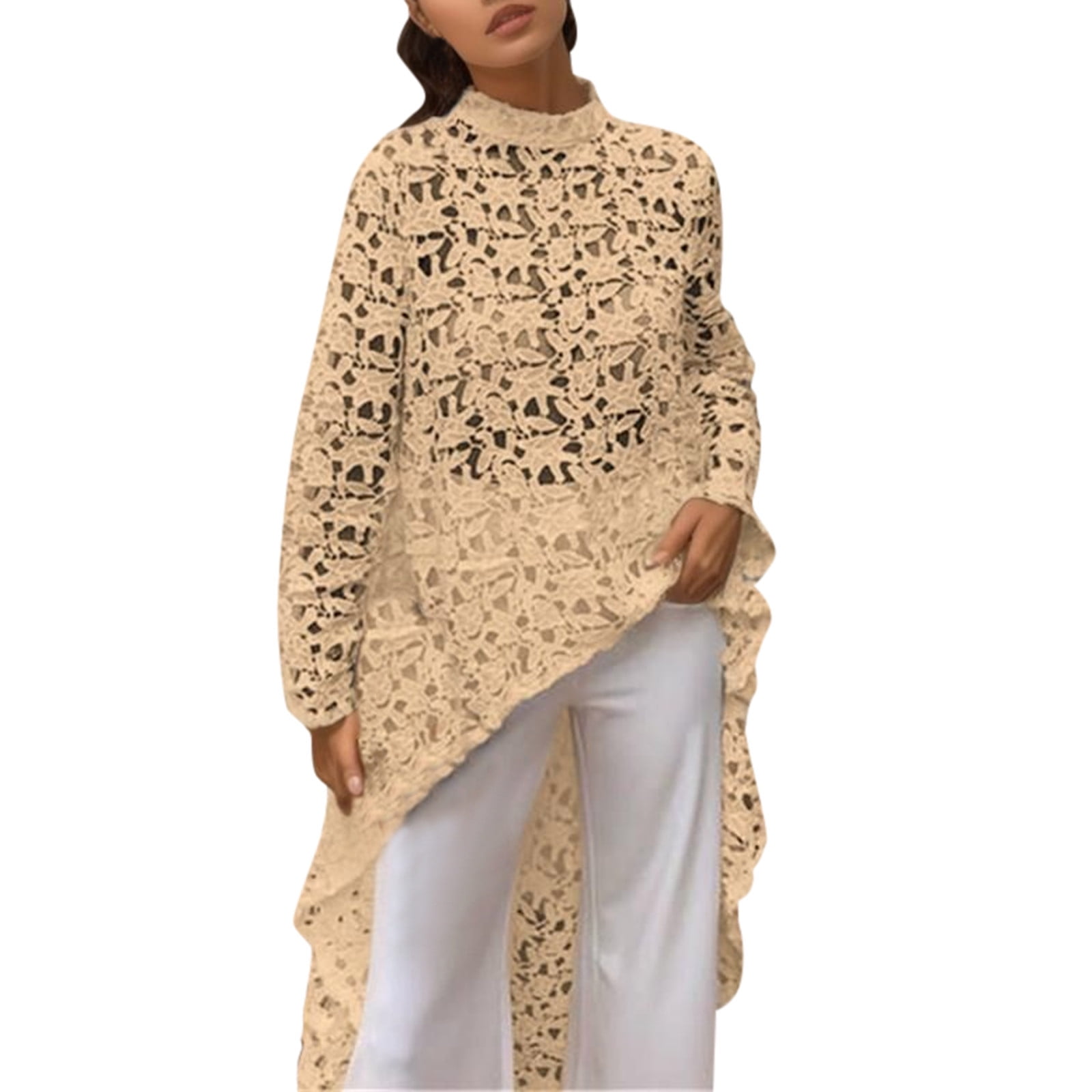 Fashion sexy hollow lace long sleeve irregular top hot sale