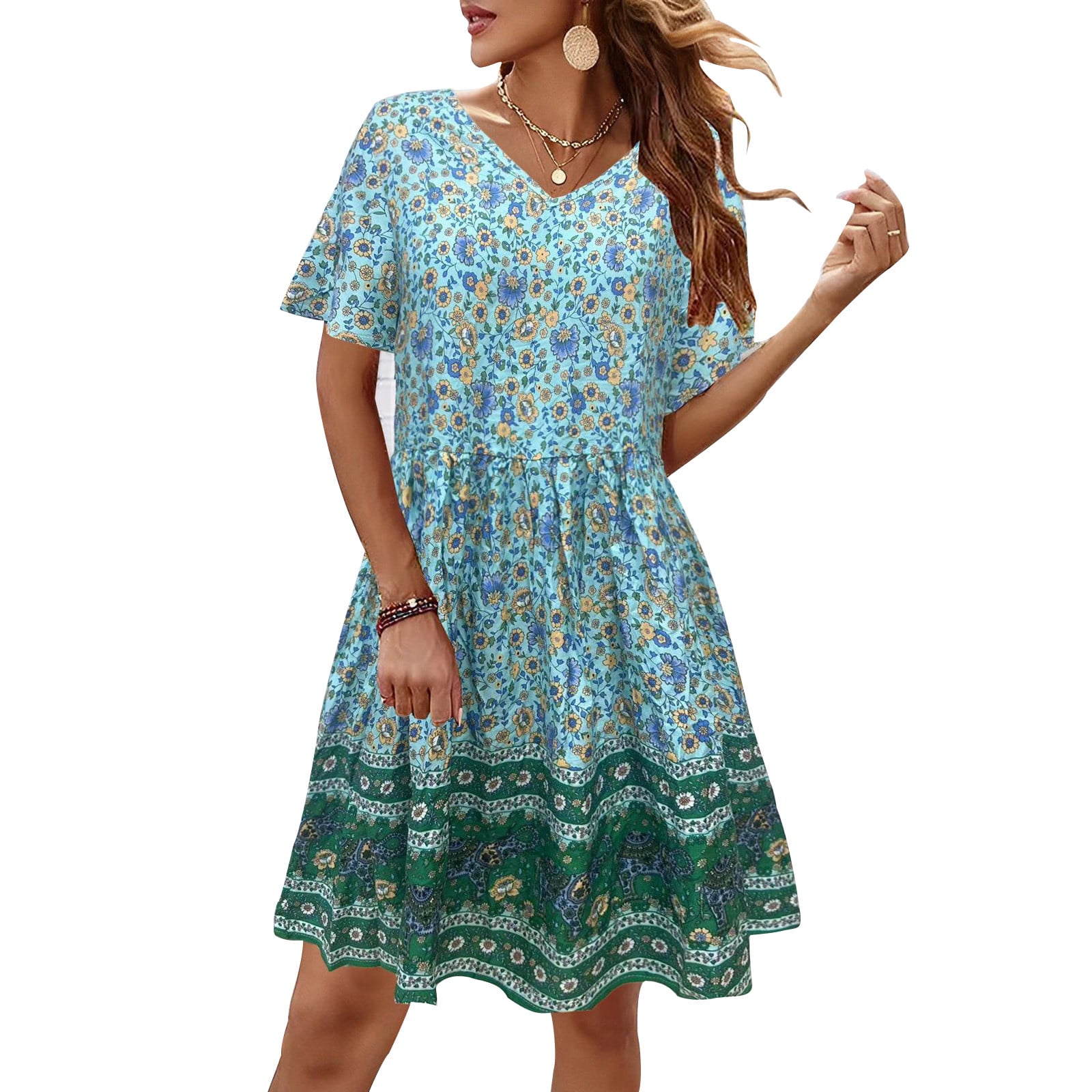 DVKOVI Women s Summer Loose Dress V Neck Short Sleeve Floral Print Dress Beach Vacations Country Style Dresses Flowy Mid Length Dress Walmart