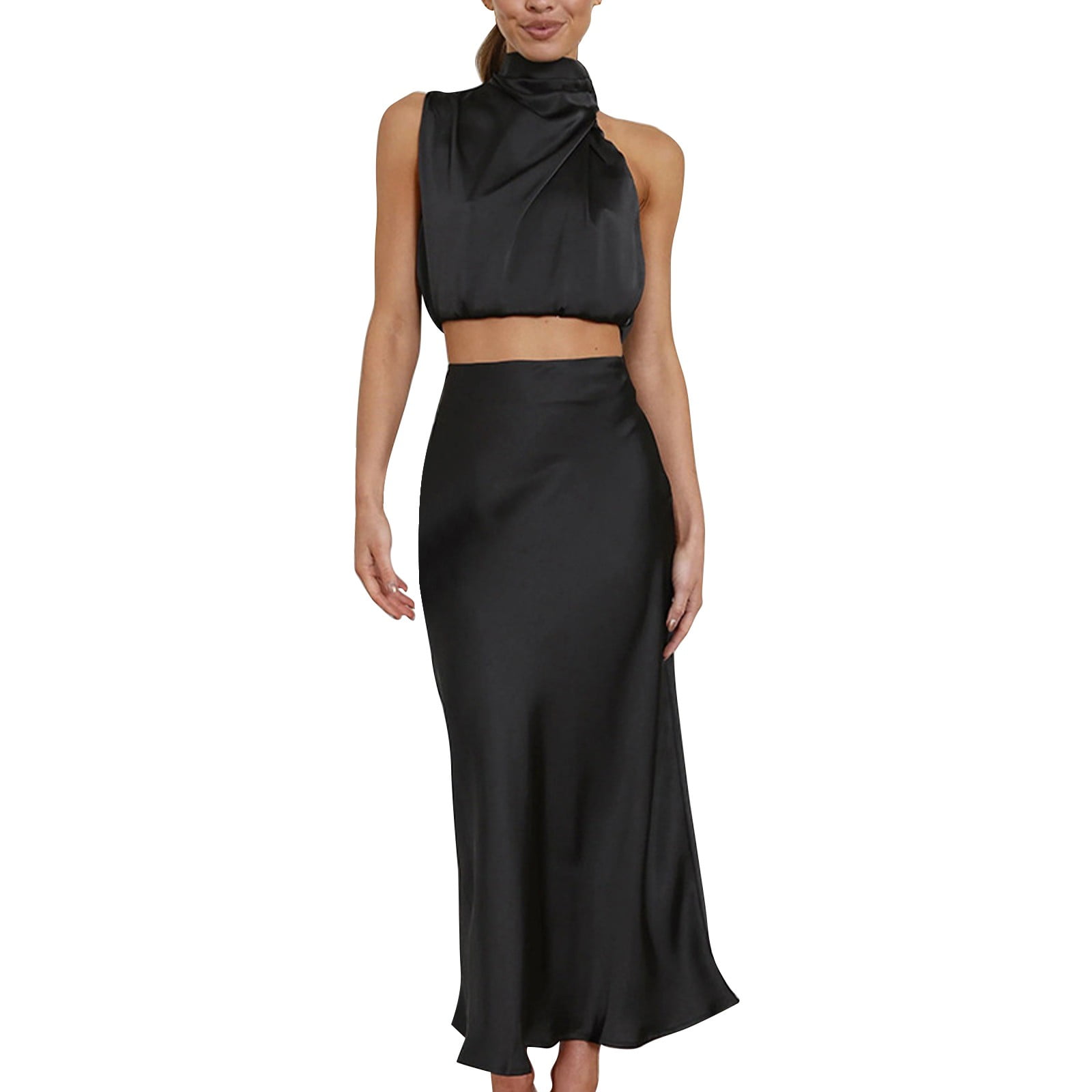 DVKOVI Women s Summer Solid Long Formal Satin Skirt Set Turtleneck Sleeveless Top and Side Slit Flowy High Waist Maxi Skirt Two Pieces Set Black XL