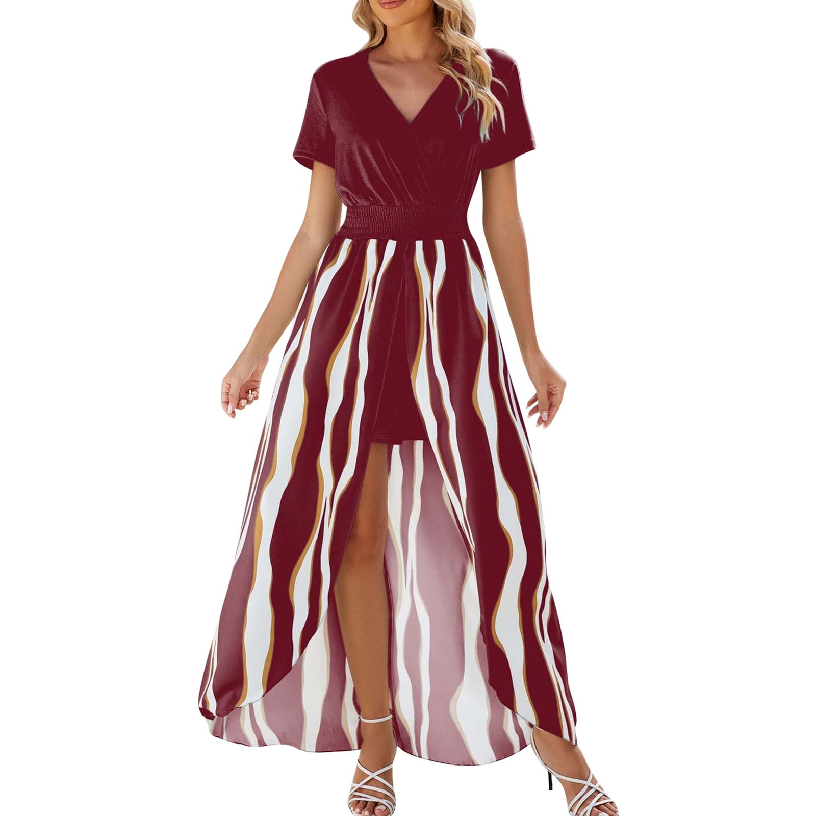 Summer Batwing Sleeve Dress Fashion V-neck Short Sleeve Pleated Dresses Womens Clothing