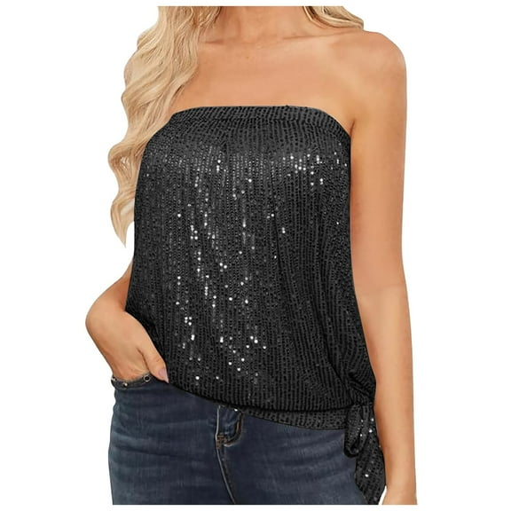 DVKOVI Women's Tanks & Camis Women Sequins Glittering Sexy Tube Tank Top Sequin Sparkly Strapless Backless with Knot Side Party Top Silver Black L