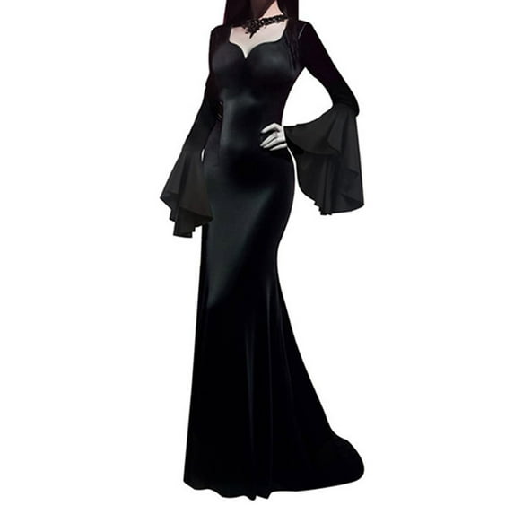 DVKOVI Women's Vintage Gothic Long Dress Witch Style Black Dress V Neck Long Sleeve Flare Sleeve Floor Length Dress Dress