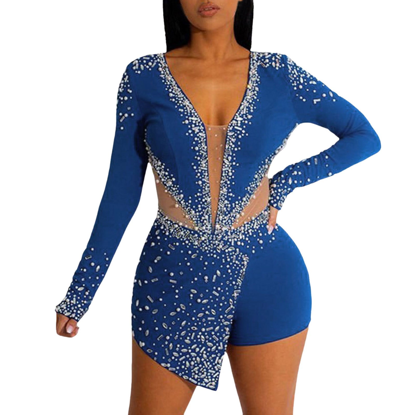 DVKOVI Womens Sexy Deep V Neck Bodycon Rhinestone Jumpsuits Short Pants ...