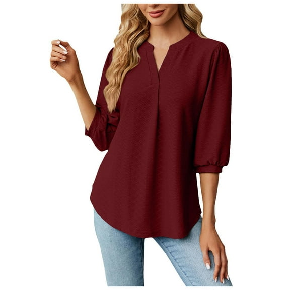 DVKOVI Womens Trendy Tops Solid Color Lace Jacquard Half Sleeve Loose T Shirt V Neck Top Womens Summer Long Sleeve Tops S
