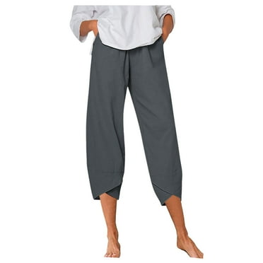 DVKOVI Work Pants Women Women's Pants Casual Summer Elastic High Waist Linen Pants Straight Leg Wide Leg Cropped Pants Capri Pants for Women Grey L