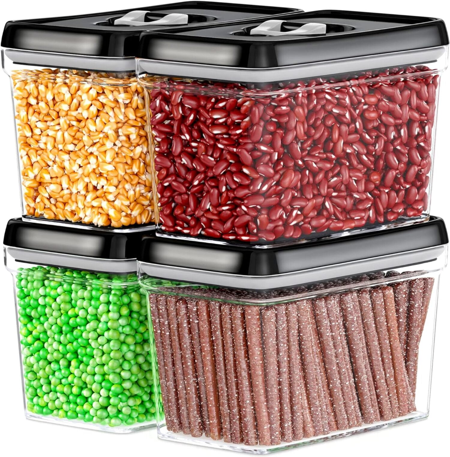 Clear Plastic Airtight Food Storage Containers with Black Lids, Set of 4