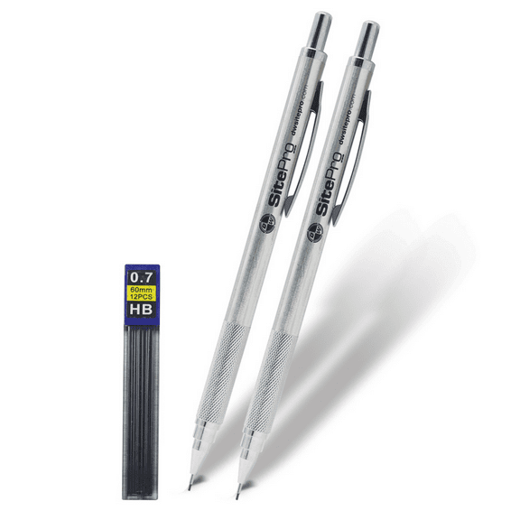 DW SitePro Mechanical Drafting Pencils: 0.7mm lead / 2 pencils / 1 black replacement lead (Silver)