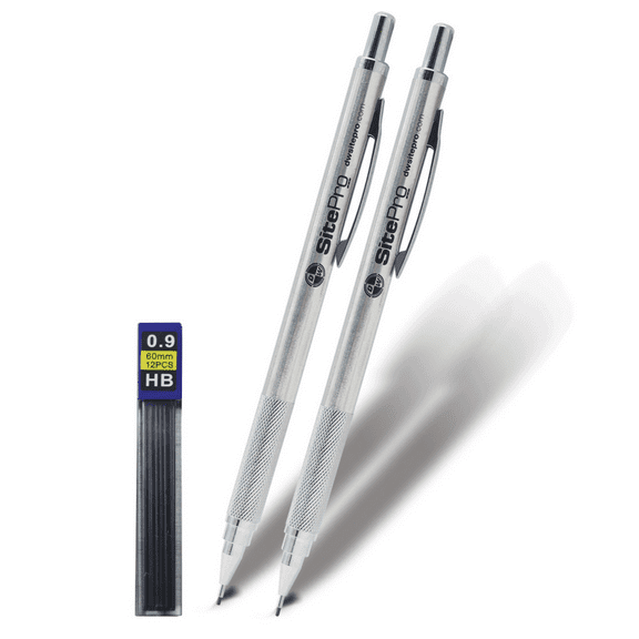 DW SitePro Mechanical Drafting Pencils: 0.9mm lead / 2 pencils / 1 black replacement lead (Silver)