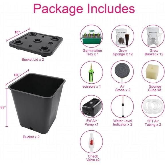 DWC 2 Hydroponic Buckets Kit for Plants, Hydroponics Growing System for Herbs/Tomato/Vegetables, DWC System with Air Pump & Germination Tray (Complete Indoor Hydroponic Gardening Supplies) (Black)