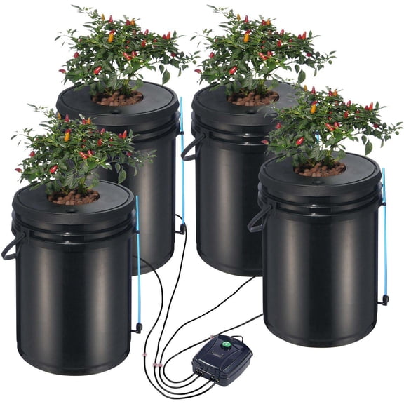 DWC Hydroponic System 5 Gallon 4 Buckets, Deep Water Culture Grow Kit with Air Pump & Level Device, Indoor/Outdoor Leafy Greens & Vegetables