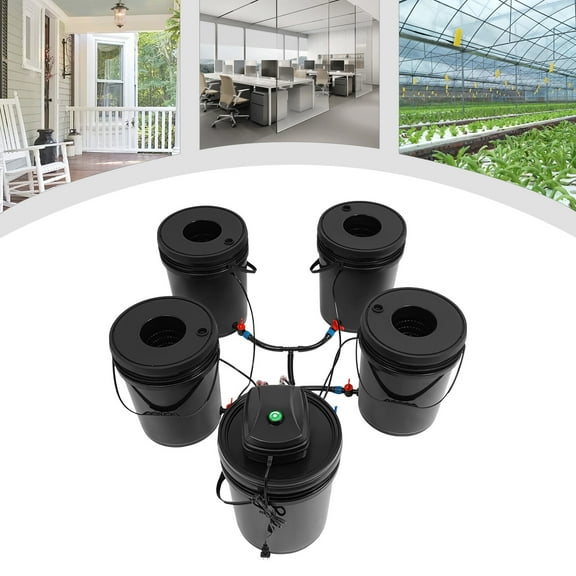 DWC Hydroponic System 5 Gallon 5 Buckets - Recirculating Deep Water Culture Kit w/12W Air Pump, 44L/min Air Stone, 6m Hose & Water Level Device for Indoor/Outdoor Leafy Vegetables, Black