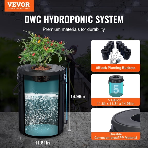 DWC Hydroponic System,5 Gallon 8 Buckets,Deep Water Culture Growing Bucket,Hydroponics Grow Kit with Pump,Air Stone&Water Level Device,for Indoor/Outdoor Leafy Vegetables