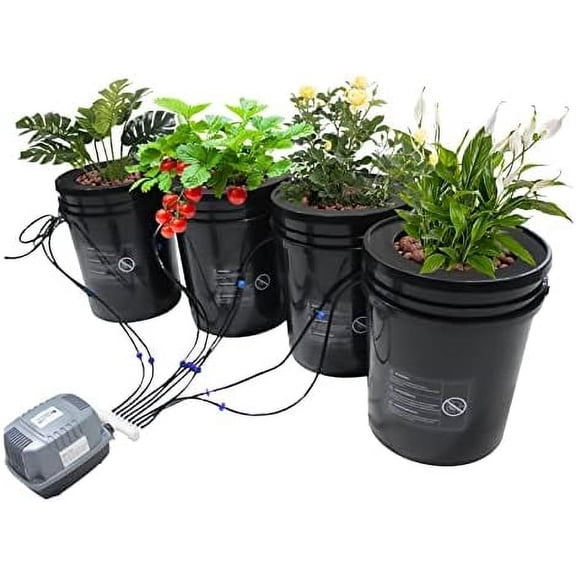 DWC Hydroponics Growing System, 4 Bucket 5 Gal Deep Water Culture, Recirculating Drip Garden System with Top Drip Kit Planter + Air Pump 15W for Growing Fruits, Vegetables, Flowers$$Garden &