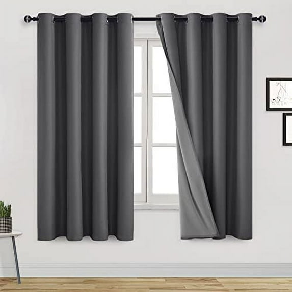 DWCN 100% Dark Grey Blackout Curtains & Drapes 72 Inch Long 2 Panels for Bedroom Noise Reducing Curtain with Black Liner for Living Room/ Bedroom/ Kitchen (Dark Grey,52"W x 72"L)