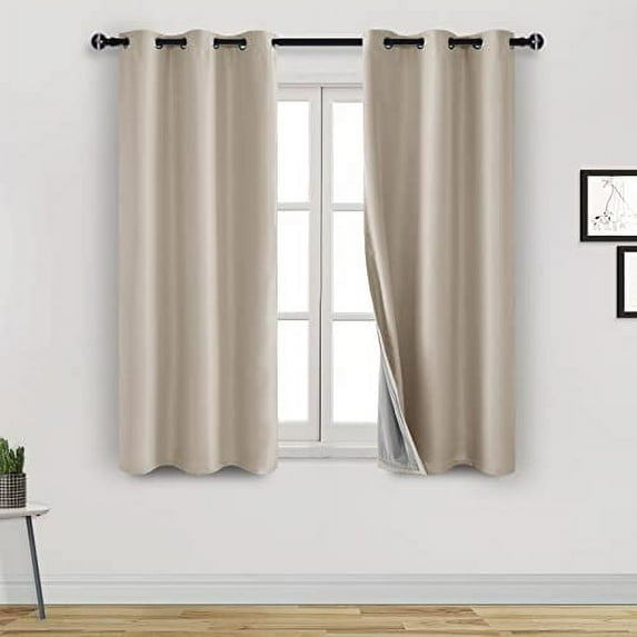 DWCN 100% Short Blackout Curtains 2 Panels Room Darkening Noise Reducing 2 Thick Layers Window Treatment Sound Proof Draperies for Living Room and Bedroom (Beige,42"W x 45"L)