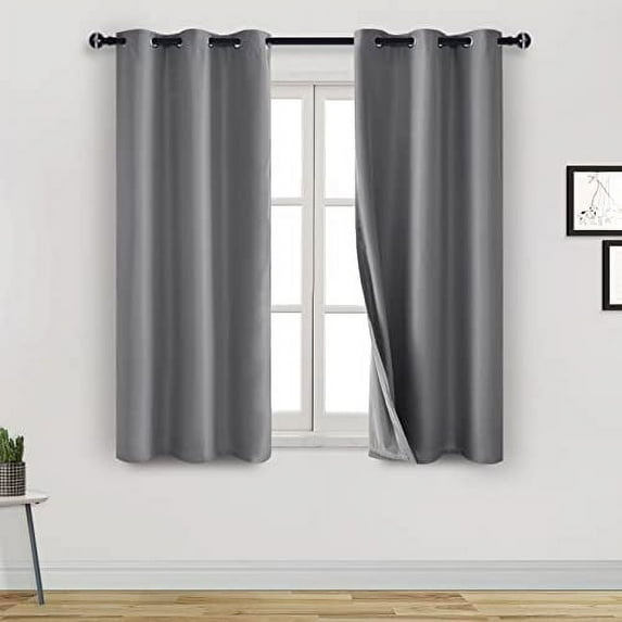 DWCN 100% Short Blackout Curtains 2 Panels Room Darkening Noise Reducing 2 Thick Layers Window Treatment Sound Proof Draperies for Living Room and Bedroom (Silver Grey,42"W x 45"L)