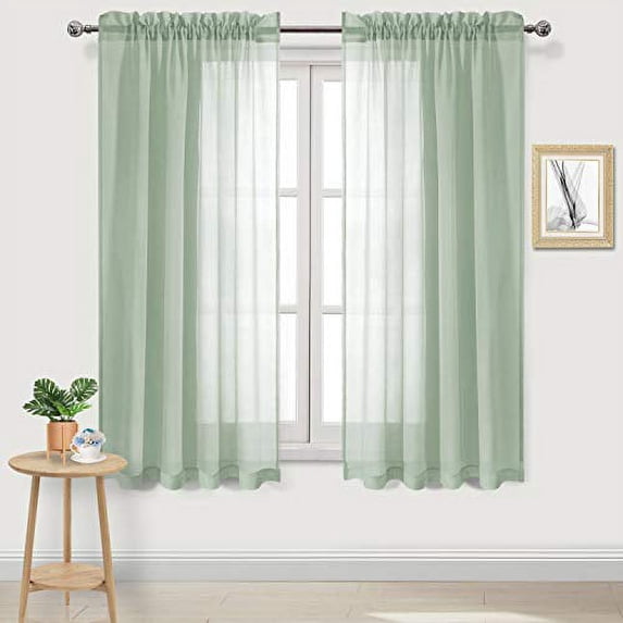 DWCN Bean Green Sheer Curtains Semi Transparent Voile Rod Pocket Curtains for Bedroom and Living Room, 42 x 63 inches Long, Set of 2 Panels