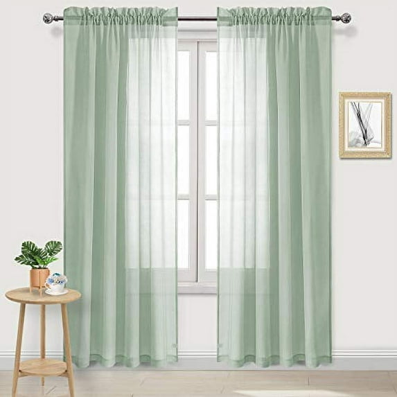 DWCN Bean Green Sheer Curtains Semi Transparent Voile Rod Pocket Curtains for Bedroom and Living Room, 52 x 90 inches Long, Set of 2 Panels