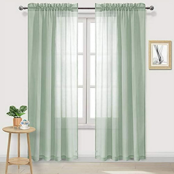 DWCN Bean Green Sheer Curtains Semi Transparent Voile Rod Pocket Curtains for Bedroom and Living Room, 52 x 90 inches Long, Set of 2 Panels
