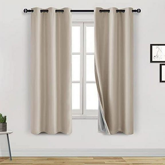 DWCN Bedroom Curtains Thermal Insulated 100% Blackout 2 Panels Draperies 63 Inch Length Set of 2 Panels Grommet Top with Black Liner for Room Darkening and Sun Blocking (Beige,42"W x 63"L)