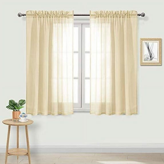 DWCN Beige Sheer Curtains Semi Transparent Voile Rod Pocket Curtains for Bedroom and Living Room, 52 x 45 inches Long, Set of 2 Panels