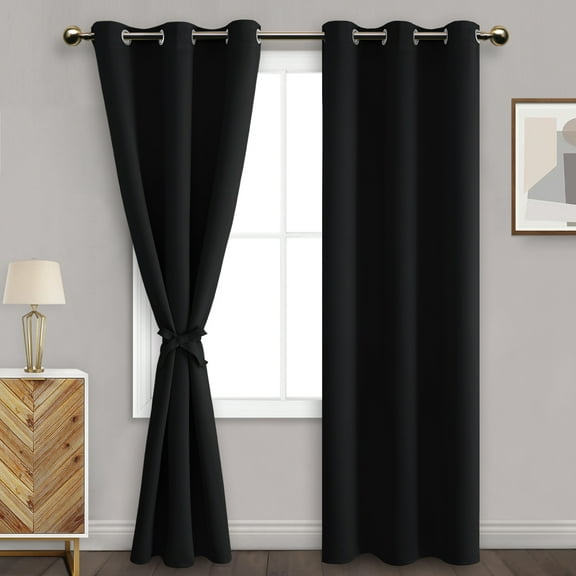 DWCN Black Blackout Curtains for Bedroom Sewn with Tiebacks - Thermal Insulated Light Blocking Grommet Drape Curtains for Living Room, 42 x 84 inches Long, Set of 2 Panels