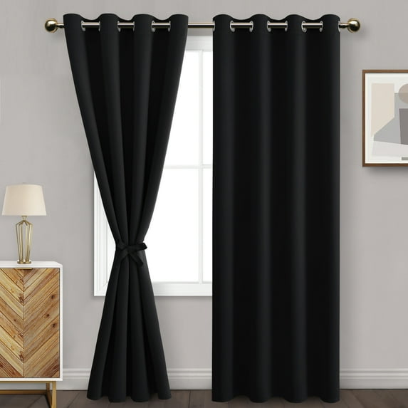 DWCN Black Blackout Curtains for Bedroom with Tiebacks - Thermal Insulated Light Blocking Grommet Window Curtains for Living Room, 52 x 84 inch Long, Set of 2 Panels