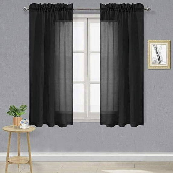 DWCN Black Sheer Curtains Semi Transparent Voile Rod Pocket Curtains for Bedroom and Living Room, 42 x 45 inches Long, Set of 2 Panels
