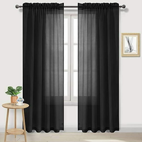 DWCN Black Sheer Curtains Semi Transparent Voile Rod Pocket Curtains for Bedroom and Living Room, 52 x 90 inches Long, Set of 2 Panels
