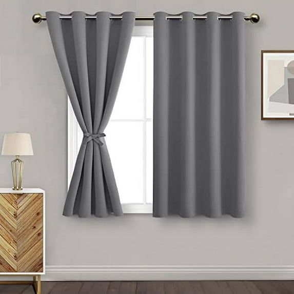 DWCN Blackout Curtains for Bedroom with Tiebacks - Room Darkening Privacy Grommet Top Window Curtains for Living Room, 52 x 45 inch Length, Light Grey, Set of 2 Panels