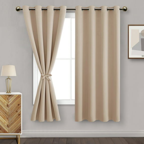 DWCN Blackout Curtains for Bedroom with Tiebacks - Room Darkening Privacy Grommet Top Window Curtains for Living Room, 52 x 63 inch Long, Beige, Set of 2