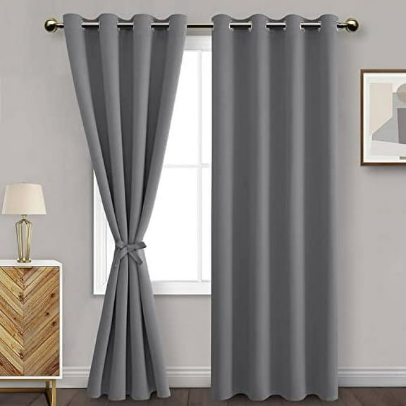 DWCN Blackout Curtains for Bedroom with Tiebacks - Room Darkening Privacy Grommet Top Window Curtains for Living Room, 52 x 96 inch Length, Light Grey, Set of 2 Panels