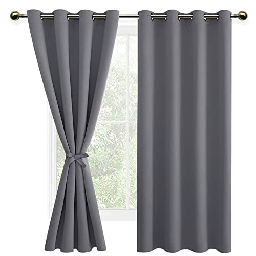 DWCN Blackout Curtains for Bedroom with Tiebacks - Room Darkening Privacy Grommet Top Window Curtains for Living Room, 52 x 63 inch Length, Light Grey, Set of 2 Panels