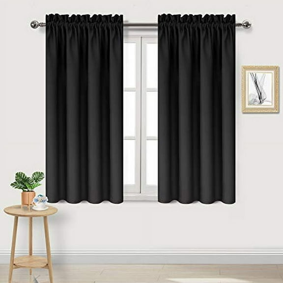DWCN Blackout Curtains Thermal Insulated Energy Saving Bedroom and Kitchen Curtains Window Treatments, W 38 x L 45 Inch, Set of 2 Black Rod Pocket Drapes