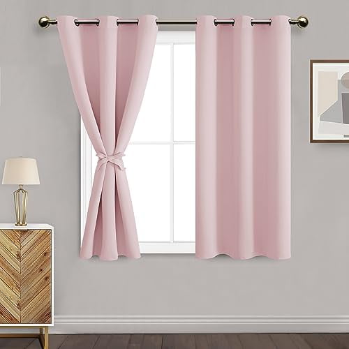 DWCN Blackout curtains for Bedroom with Tiebacks - Room Darkening Privacy Grommet Top Window Curtains for Living Room, 42 x 45 inch Length,Blush Pink,Set of 2 Panels