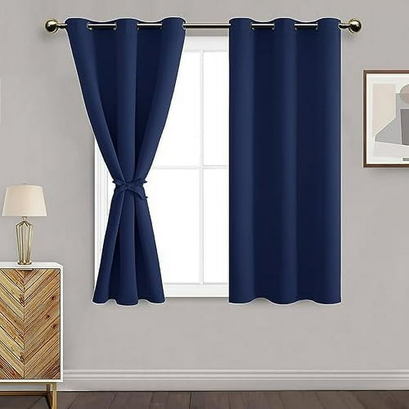DWCN Blackout curtains for Bedroom with Tiebacks - Room Darkening Privacy Grommet Top Window Curtains for Living Room, 42 x 54 inch Length,Dark Blue,Set of 2 Panels