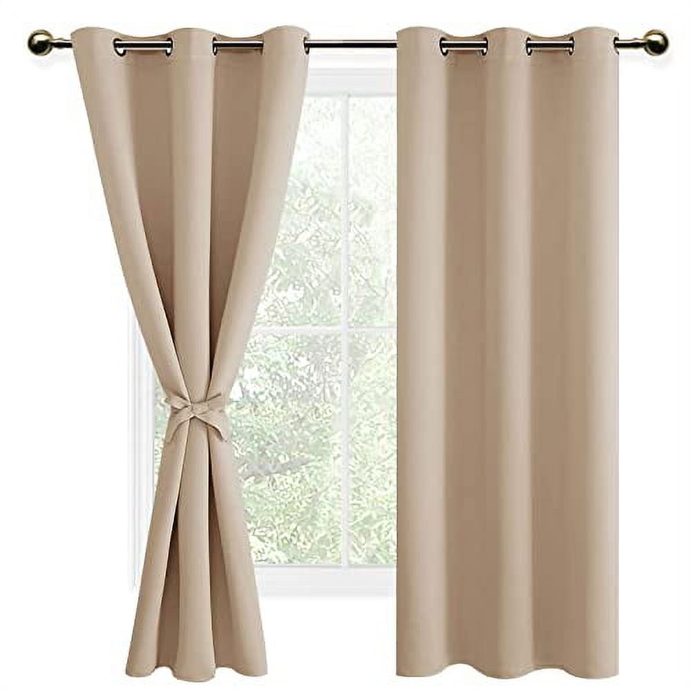 DWCN Blackout curtains for Bedroom with Tiebacks - Room Darkening Privacy Grommet Top Window Curtains for Living Room, 42 x 63 inch Length, Beige, Set of 2