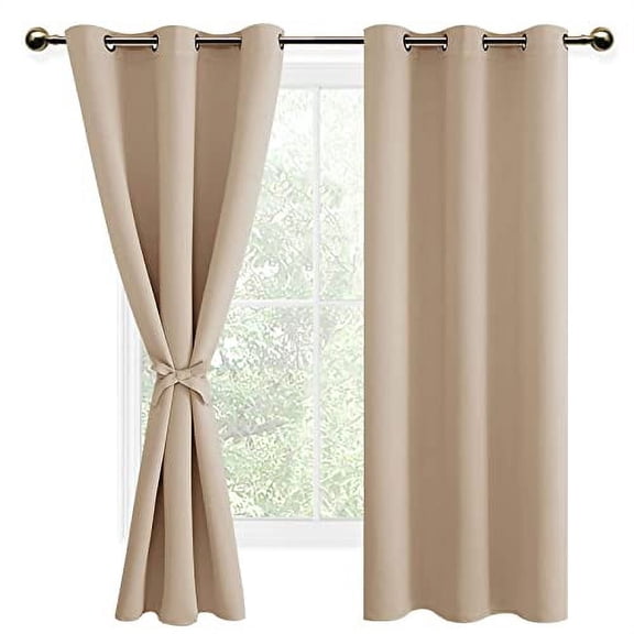 DWCN Blackout curtains for Bedroom with Tiebacks - Room Darkening Privacy Grommet Top Window Curtains for Living Room, 42 x 63 inch Length, Beige, Set of 2