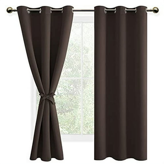 DWCN Blackout curtains for Bedroom with Tiebacks - Room Darkening Privacy Grommet Top Window Curtains for Living Room, 42 x 72 inch Long, Brown, Set of 2 Panels