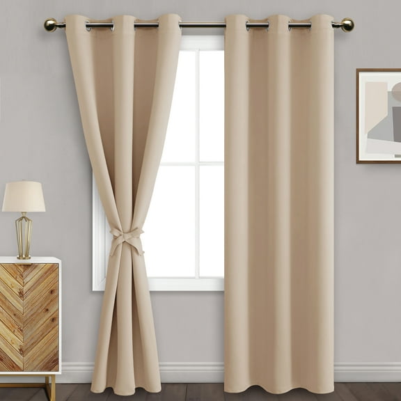 DWCN Blackout curtains for Bedroom with Tiebacks - Room Darkening Privacy Grommet Top Window Curtains for Living Room, 42 x 84 inches Long, Beige, Set of 2